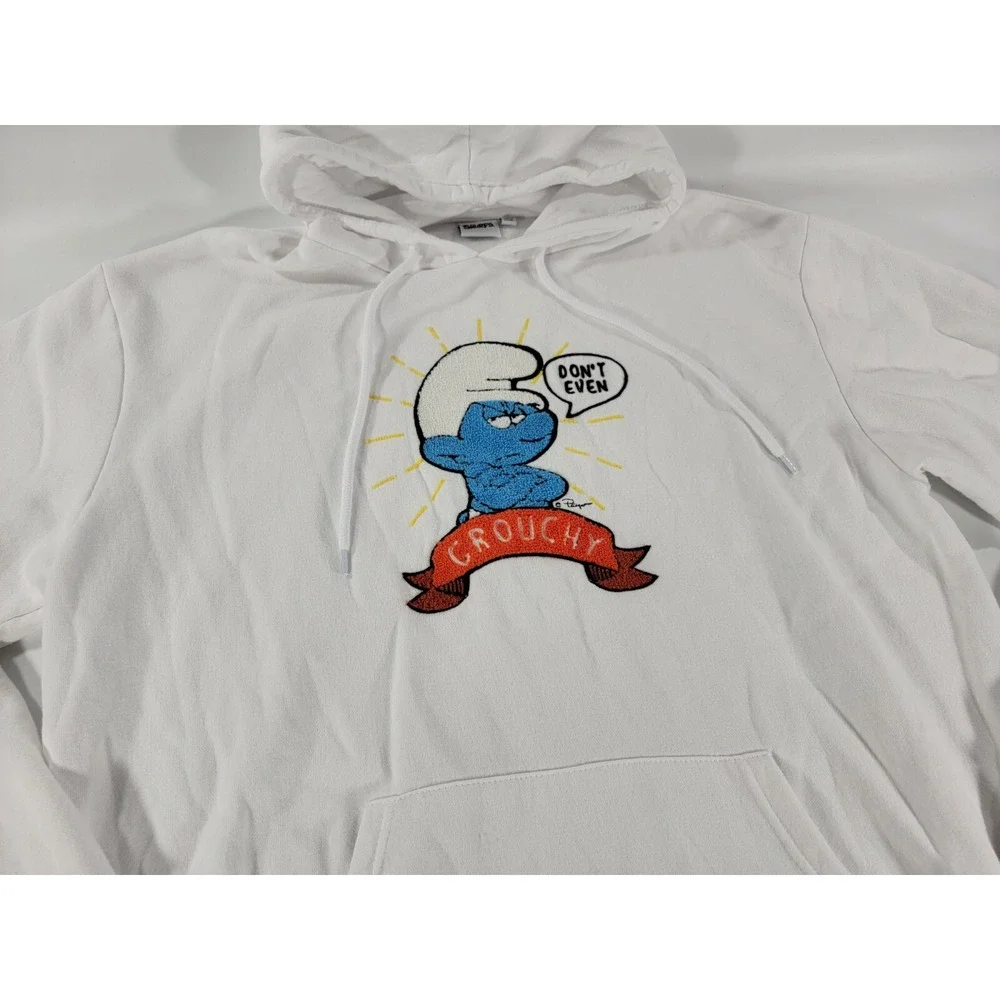 VTG The SMURFS White Hoodie Patch Appliqué Graphic GROUCHY Sweatshirt Adult Sz L